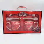 Set doua cani, model Craciun, alb + rosu, farfuriute si lingurite incluse